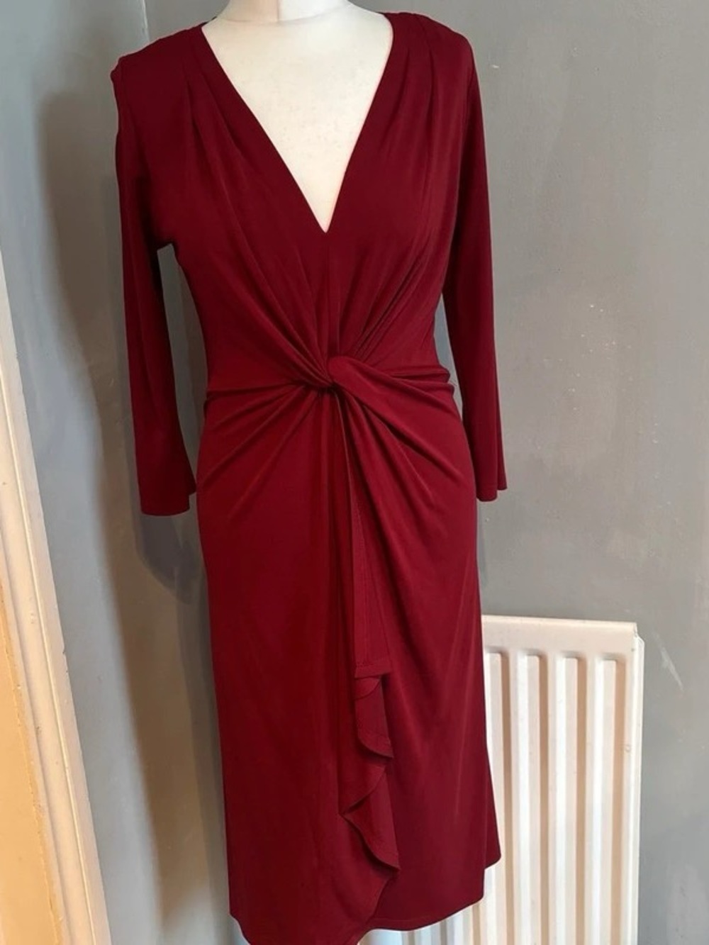 Twist-Waist V-Neck Maxi Dress in Burgundy